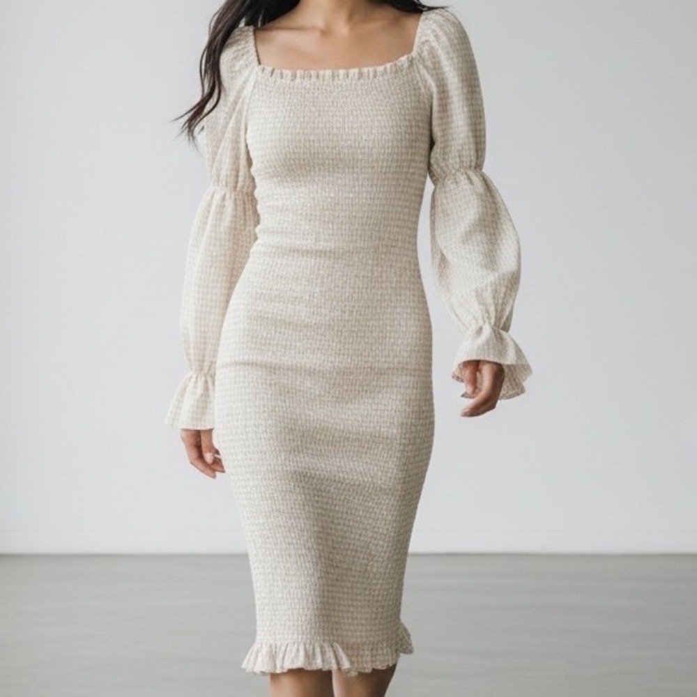 SNDYS Courtney Gingham Midi Dress Cream Smocked Milkmaid size‎ 6
